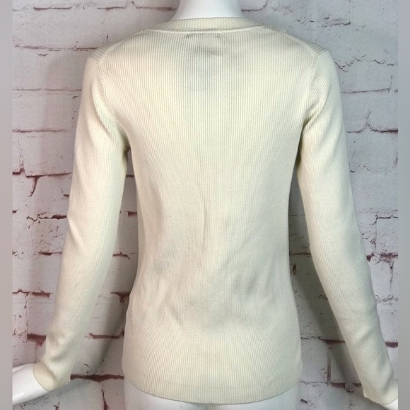 TOMMY HILFIGER Cream Ivory Ribbed Knit V-Neck Long Sleeve Top Size Medium - Picture 9 of 13